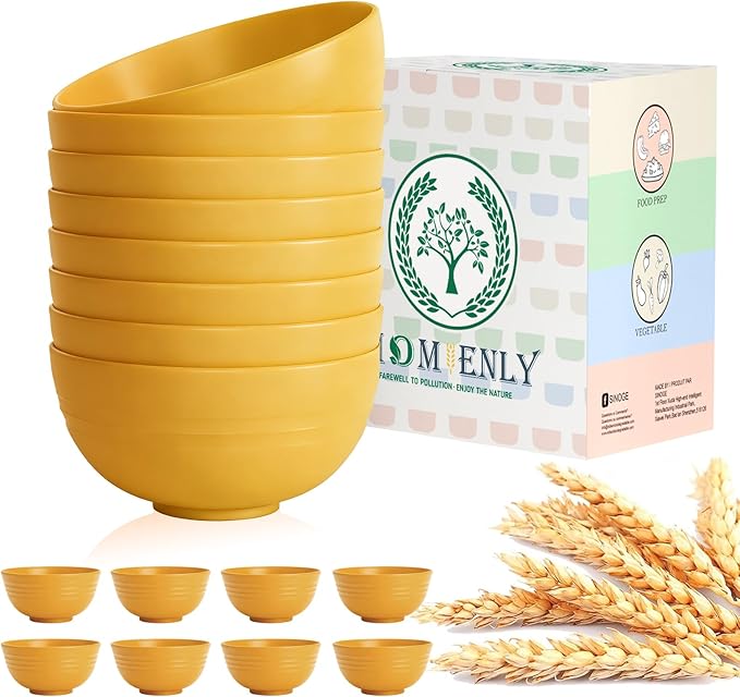 Homienly Unbreakable Cereal Bowls, Wheat Straw Bowl Set 8 PCS, Microwave and Dishwasher Safe Bowl for Soup, Cereal, Salad, Snack, Rice, Reusable Plastic Bowls for Kitchen, RV, Gathering (Yellow,26 OZ)