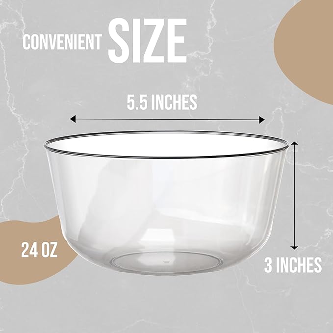 Trendables Plastic Bowls Disposable Bowls 24 Oz Bowl Set Of 20 Clear Black Rimmed Fancy Plastic Serving Dishes Perfect for Parties and Events Disposable Candy Bowl