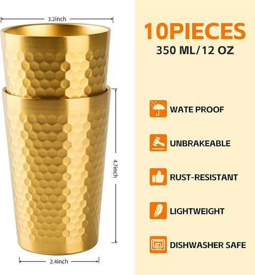 10 Pack 12 oz Stainless Steel Insulated Cup, Honeycomb Double Wall Vacuum Small Metal Cup, Reusable Camping Cups Unbreakable Indoor Outdoor for Party, Home, Office, BBQ, Gold
