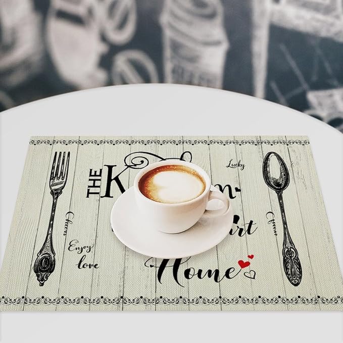 Retro Farmhouse Placemat Set, Minimal Black White Rustic Plank Art Sketch Cutlery Knife Fork Inspirational Quotes Pattern Home Decor Linen Table Mats for Dining Room Kitchen Party (17x12in) x6P