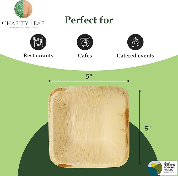 Charity Leaf Disposable Palm Leaf 5" Square Bowl (1000 pcs) Dipping Bowls | Bamboo Like| All Natural and Biodegradable | Charcuterie Boards, BBQs, and Parties