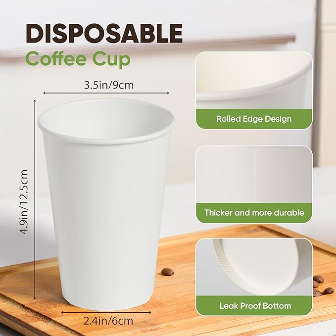 16 oz Paper Cups – 100 Pack with 50 Paper Straws | White Disposable Hot Cold Cups for Coffee, Tea & Cold Drinks | Paper Tested Under FDA 21 CFR 176.170 by SGS