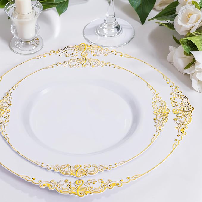 Nervure 100Pcs White and Gold Plastic Plates - 10.25Inch Gold Disposable Plates - Heavyweight Dinner Plate for Wedding & Party