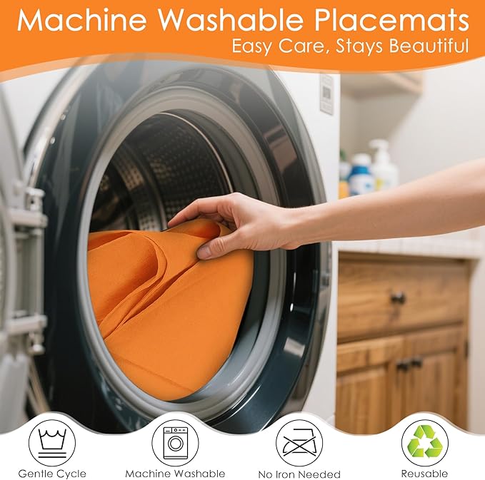 MANSPHIL Orange Cloth Placemats Set of 6 Double Layer Thick Fabric Table Mats Faux Linen Place Mats Heat Resistant Washable Wrinkle Free Dining Kitchen Table Decor, 13x19 Inch Oeko Tex Placemat