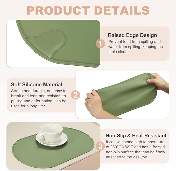 uxcell 4 Pcs Oval Silicone Placemat, 15.4" x 10.4" Non-Slip Washable Table Placemats Heat Resistant Waterproof Mat with High Edge for Table Kitchen Desk Protection, Green