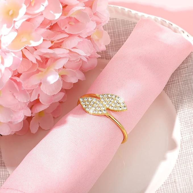 Hotop 250 Pcs Valentine's Day Napkin Rings Gold Table Decorations, Elegant Bling Leaves Napkin Rings, Rhinestone Guest Towels Buckle for Holiday Gather Party, Wedding Dinner Banquet Table Decoration