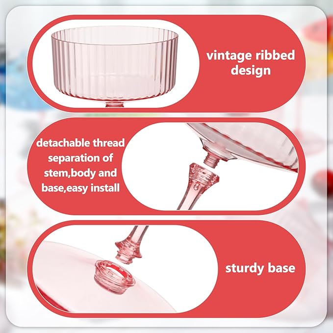 48 Pcs Ribbed Martini Glasses 10 oz Disposable Plastic Vintage Ribbed Coupe Glasses Unbreakable Dessert Parfait Glassware for Wedding Birthday Party Supplies (Pink)
