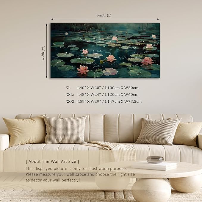 ADJUVANT Wall Art Impressionist Water Lily Pond 48" L x 24" W, Pink Lotus Flowers on Dark Blue Water Canvas Painting Nature Artwork Prints Wall Decor for Living Room Bedroom Bathroom Home Office