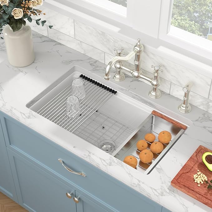Sarlai White Undermount Kitchen Sink 33 Inch White Sink Ceramic Kitchen Sinks Drop In Single Bowl Ledge Workstaion Topmount Fireclay Basin 33 x19 x10 Inch