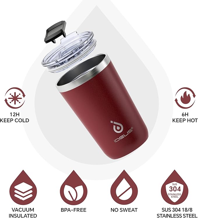Ideus 20 oz Tumbler, Travel Coffee Mug with Splash Proof Sliding Lid, Double Wall Stainless Steel Vacuum Insulated Coffee Mug for Home and Office, Keep Beverages Hot or Cold, Blood Red