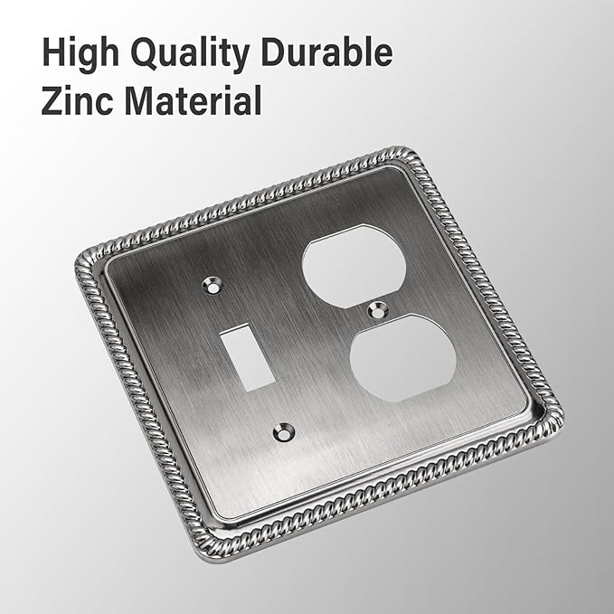 Henne Bery Rope Edge Decorative Wall Plate Switch Plate Outlet Cover (Toggle/Duplex, Heirloom Silver)