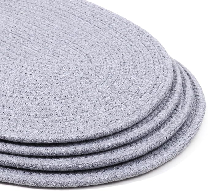 Braided Placemats Set of 6, Cotton Fabric Oval Table Mats Non Slip Washable 16 * 12 inch Oval Place Mats, 6 Pack Grey Woven Placemats