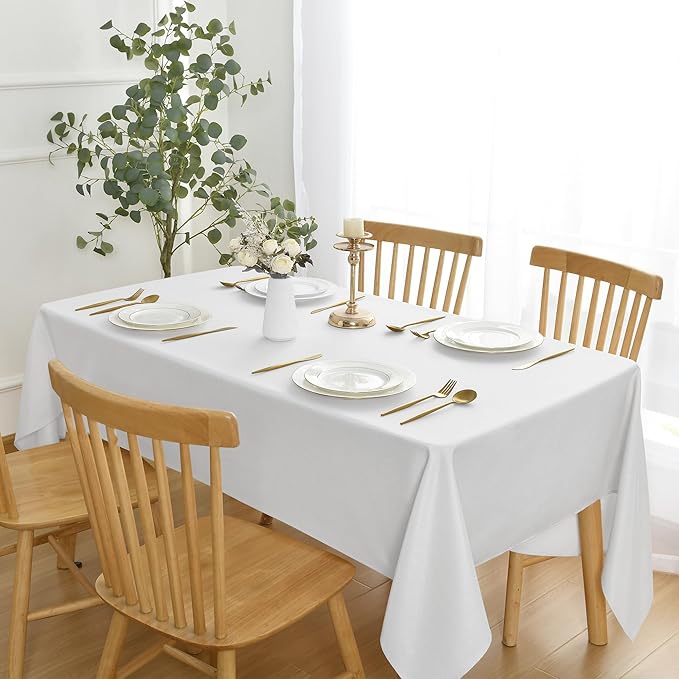JIUZHEN Rectangle Table Cloth Faux Linen Farmhouse Tablecloth Wrinkle and Stain Resistant Decorative Fabric Table Cover for Kitchen, Dining Room, Parties and Camping, White, 60 x 120 Inch