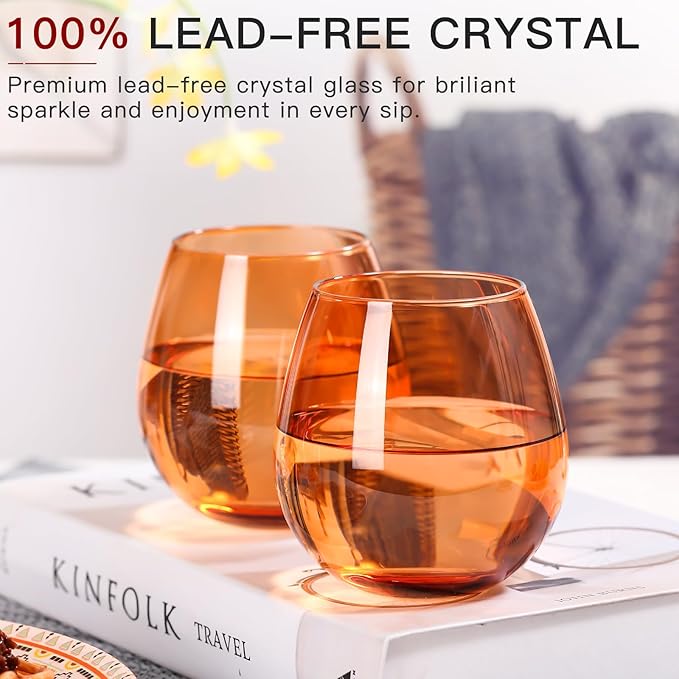 Brown Stemless Wine Glasses Set of 6-15 oz -Modern Hand-Blown Wine Glasses, European Design Crystal Glass For Red & White Wine, Unique Gifts for Wedding, Birthday