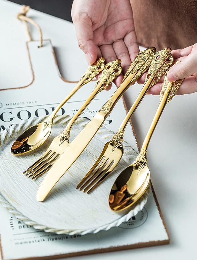Gold Silverware Set for 14 Premium 18/10 Stainless Steel Flatware Set Palace Style 70 Piece Cutlery Tableware Utensils Embossed Decorative Handle Knives Forks and Spoons for Home Christmas Wedding