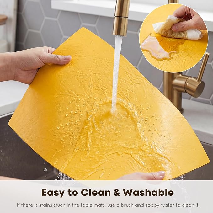 Artoid Mode Yellow Faux Leather Placemats Set of 6, 12x18 Inch Waterproof Wipeable Heat Resistant Vinyl Place Mats, Reversible Table Mats for Summer Kitchen Dining Decor