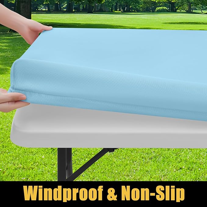 Smiry Rectangle Picnic Table Cloth, Waterproof Elastic Fitted Tablecloths for 8 Foot Tables, Washable Polyester Table Cover for Camping, Indoor and Outdoor (Light Blue, 30"x96")