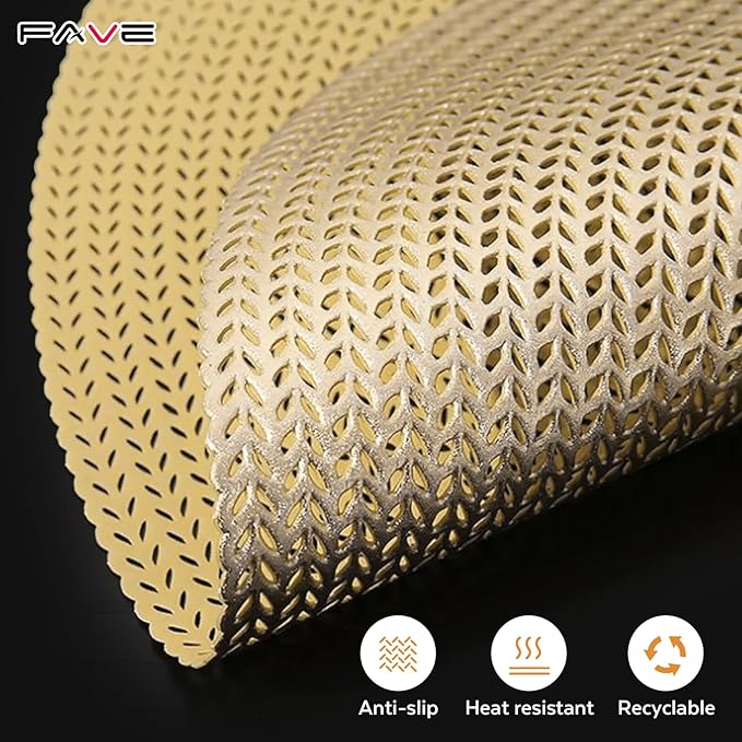 FAVE 8PCS Gold Vinyl Round Placemats, Wheat Sheaf Design 15 Inch Placemats Set of 8 Washable for Dining, Events, Banquet, Home & Daily Use (Gold Wheat,8pcs)