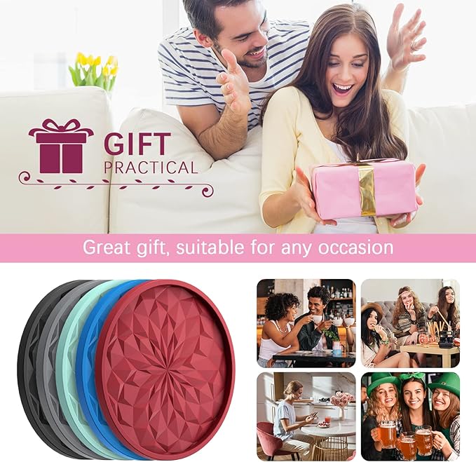 ME.FAN Silicone Coasters with Holder,[6 Pack] Drinking Coasters - Cup Mat for Hot or Cold Drinks, Thickened, Non-Slip, Non-stick,Deep Tray Mint Green