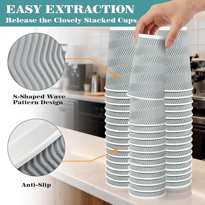 Ginkgo 100 Pack To Go Paper Coffee Cups With Lids, 16 oz Disposable Double-Walled Ripple Insulated Hot Cups for Hot Drinks, Lattes, Travel Cups, Large, Gray