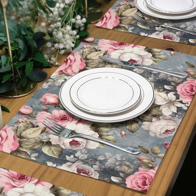 12"x18" Pink White Rose Florals Grey Vintage Flowers Placemats Set of 4 Washable Thick Place Mats Kitchen Table Mats Decorative Linen Fabric Table Mat for Dining Table Kitchen Home Decor