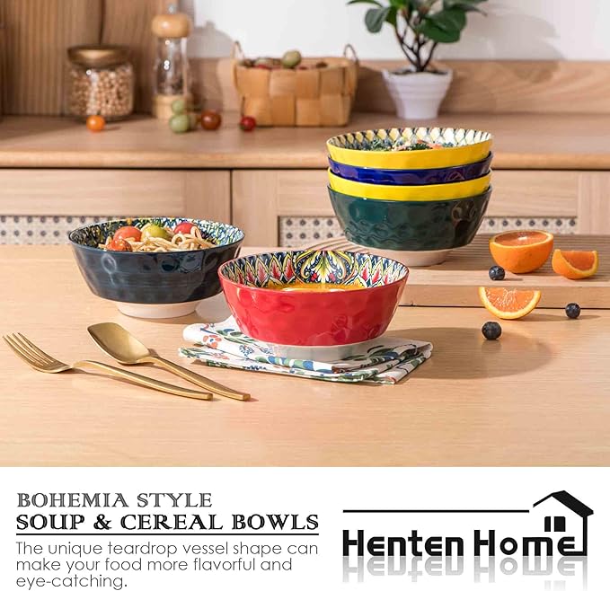 Henten Home Ceramic Soup Bowls Set of 6, 25 oz Porcelain Cereal Bowl Set, Colorful Bohemian Style Serving Bowls for Salad, Pasta, Oatmeal, Microwave & Dishwasher Safe
