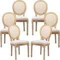 Vintage French Rattan Dining Chairs Set of 6, Solid Wood Frame with Round Rattan Back and Linen Upholstered Seat, Farmhouse Accent Sillas de Comedor Side Chairs for Dining Room & Kitchen, Beige