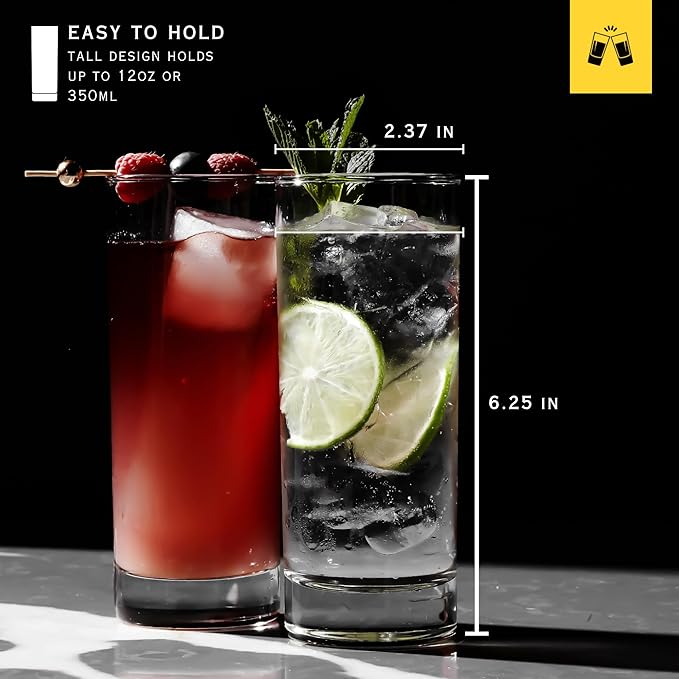 LEMONSODA Premium Highball 12oz Glass Set - Elegant Tom Collins Glasses Set of 6, 12, and 48 Tall Drinking Water Glasses - Bar Glassware for Mojito, Whiskey, Cocktail (Set of 12)