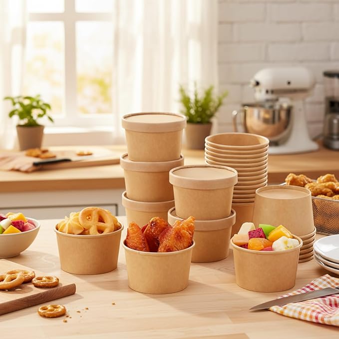 Fulmoon 100 Pack Paper Soup Containers with Lids Disposable Paper Food Containers with Vented Lid Kraft Ice Cream Cake Dessert Cups Soup Bowl for Party Hot Food Fruit Microwave(5 oz,Brown)
