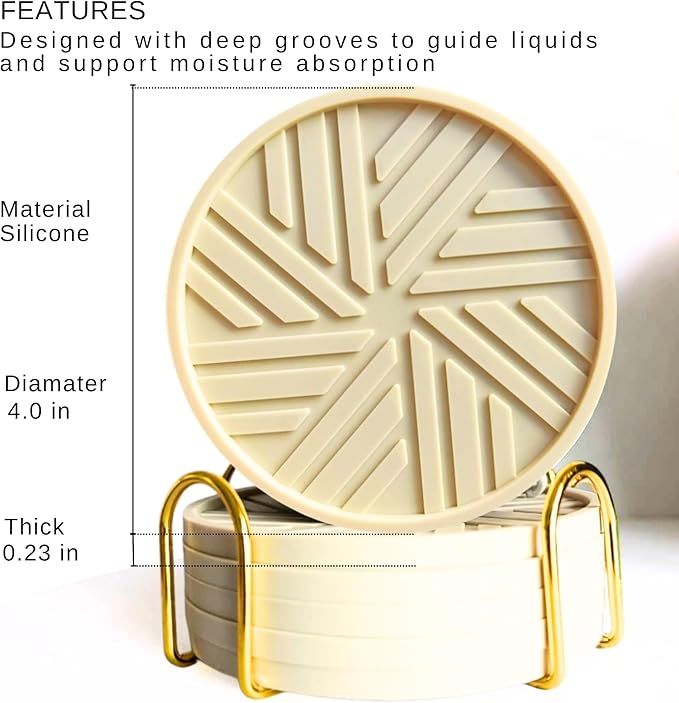 Beige Silicone Drinks Coasters Set of 6 - with Gold Holder, Smart Modern Grooved Pattern to Prevent Sticking from Cups, Protecs to Coffee Tables - Boho Vinatge Home Office bar Decor