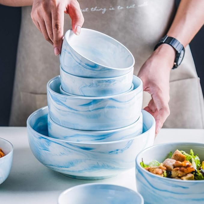 Yundu 28 Ounce Blue Marble Porcelain Bowls Ice Cream, Dessert, Cereal, Pasta Bowls, Microwave and Dishwasher Safe Bowls for Kitchen, Set of 3