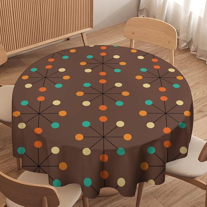 Mid Century Boho Round Tablecloth, 50s Mid Century Modern Geometric Pattern Tablecloth for Home Party Dining Room Kitchen Decor 60Inch(152cm)