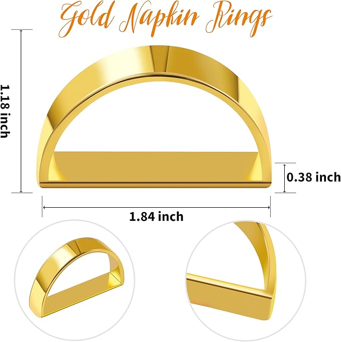 Gold Napkin Rings Set of 6, Semicircle Metal Bright Gold Napkin Holder Buckles, Fall Thanksgiving Christmas Napkin Rings for Dinner Table Decor, Wedding, Banquet, Valentines Day