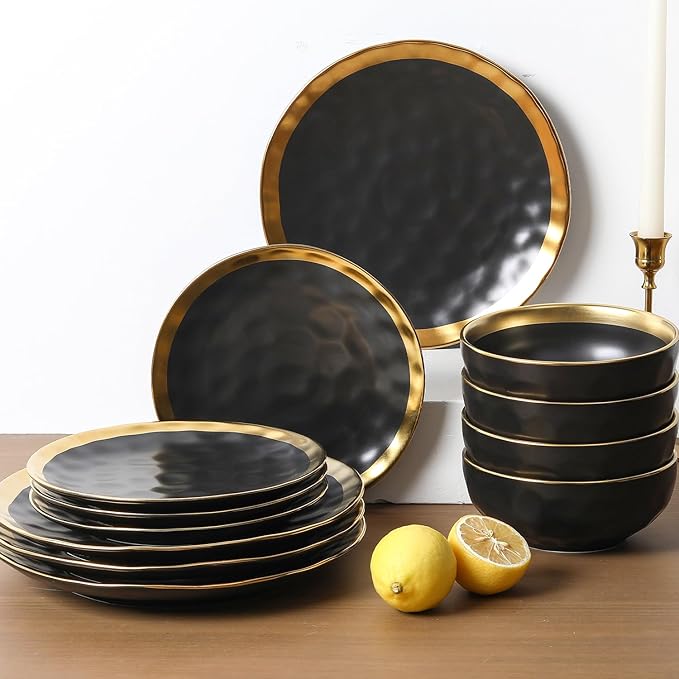 vicrays Ceramic Dessert Salad Plates, 8 Inch, Set of 6, Round, Dishwasher Safe, NOT Microwave Safe, Scratch Resistant, Suitable for Appetizer, Home, Restaurant (Black with Golden)