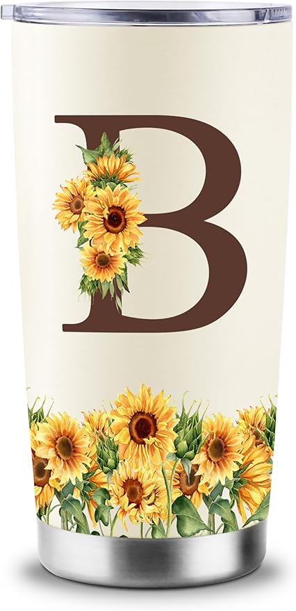 Sunflower Gifts for Women - Personalized Christmas Gifts for Women - Birthday Gift for Woman - Mothers Day Gift for Mom - Monogrammed, Initial 20oz Travel Cup Insulated Tumbler with Lid, B