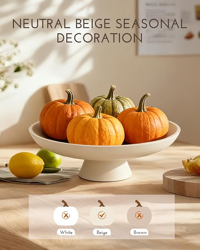 11.81" Pedestal Fruit Bowl, Concrete Large Decorative Fruit Bowls, Modern Fruit Bowl For Kitchen Counter, Footed Entryway Bowl For Keys, Cream White Decorative Entryway Table Bowl-Beige