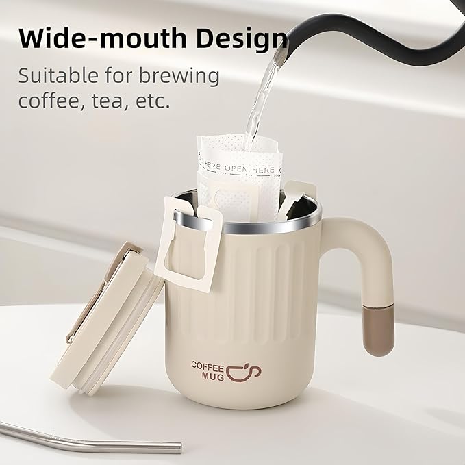 16oz Insulated Coffee Mugs - Ideal for Indoor Office Use. Features SUS 304 Inner, Double Wall Insulation, Detachable Silicone Ring. 3 Drinking Options. Available in White, Brown, Pink (khaki)