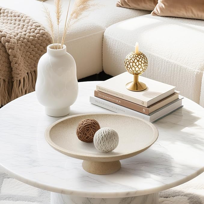 Large Modern Decorative Bowl for Home Decor Fruit Organic Catch All Key Kitchen Entryway Shelf Coffee Table With Pedestal,Artificial Stone Beige