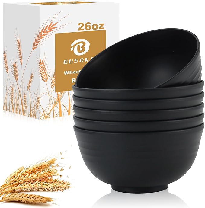 Ramen Bowl 26oz, Unbreakable Wheat Straw Bowls Sets of 6, Plastic Bowl Reusable, Microwave & Dishwasher Safe Cereal Bowls for Kitchen, Dorm, Office- Black