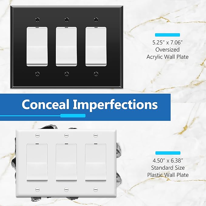 LIDER Reflective Acrylic Decorator Wall Plate, Mirrored Light Switch Plate, Plexiglass Outlet Cover, Acrylic Glass, Oversized 3-Gang 5.25" x 7.06", LWP-33O-ABK, Black