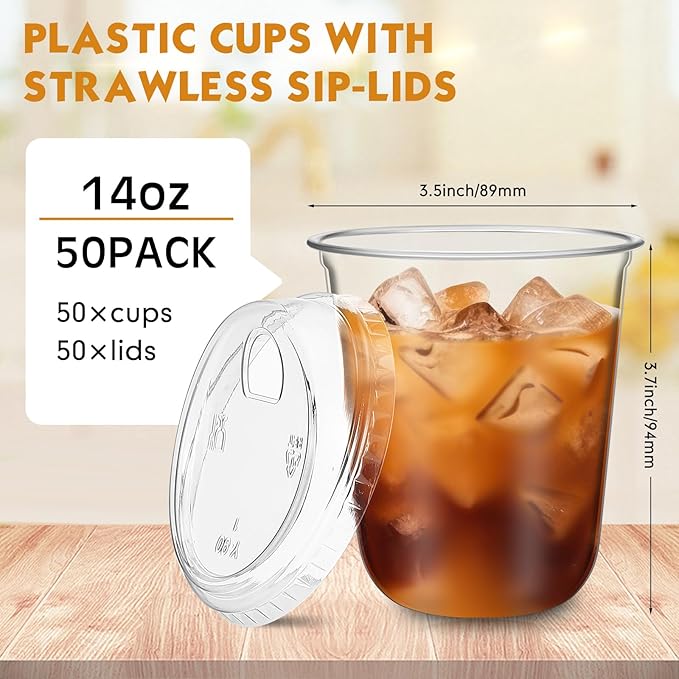 Baderke 50 Pcs Plastic Cups with Sip Lids Round Bottom Disposable Plastic Coffee Cups with Lids Clear Strawless Crystal Mugs for Iced Coffee Smoothie Cold Beverage Party Catering Supplies (14 oz)