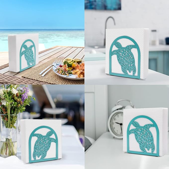 Coastal Sea Turtle Napkin Holder for Table - Teal Kithen Decor and Accessories, Ocean Decor for Bedroom Bathroom, Houserwarming Gifts for Women Turtle Lovers, Hollowed-out Craft Pattern, Metal