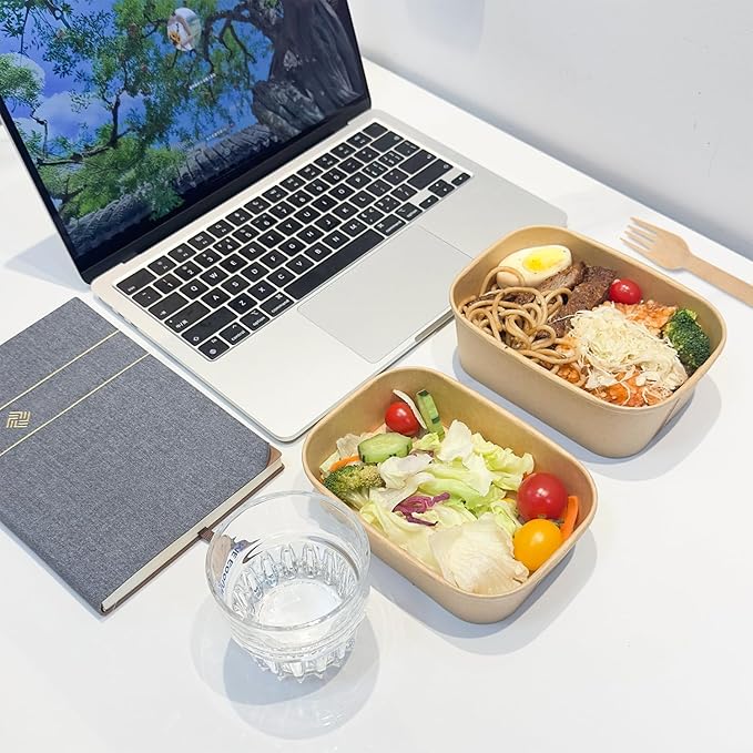 50-Pack 26oz Kraft Paper Bowls Disposable with Lids and Wooden Forks, Disposable Meal Prep Containers Paper Food Prep Containers with Lids, To Go Container for Hot Soup/Salad, Freezer & Microwave Safe