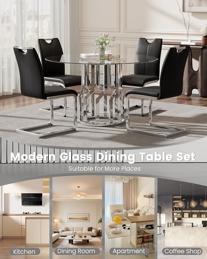 47.2" Round Glass Dining Table Set for 4, Modern 5 Piece Kitchen Table Set with Silver Stainless Steel Base & 4 PU Leather Accent Chairs, Saving Space, Dining Set for Apartment, Home - Black Chair