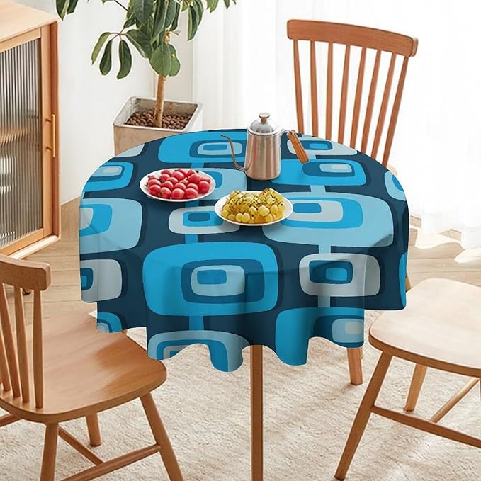 Mid Century Boho Round Tablecloth, Blue Mid Century Modern Art Abstract Geometric Pattern Retro Vintage Style Tablecloth for Home Party Dining Room Kitchen Decor 70Inch(178cm)