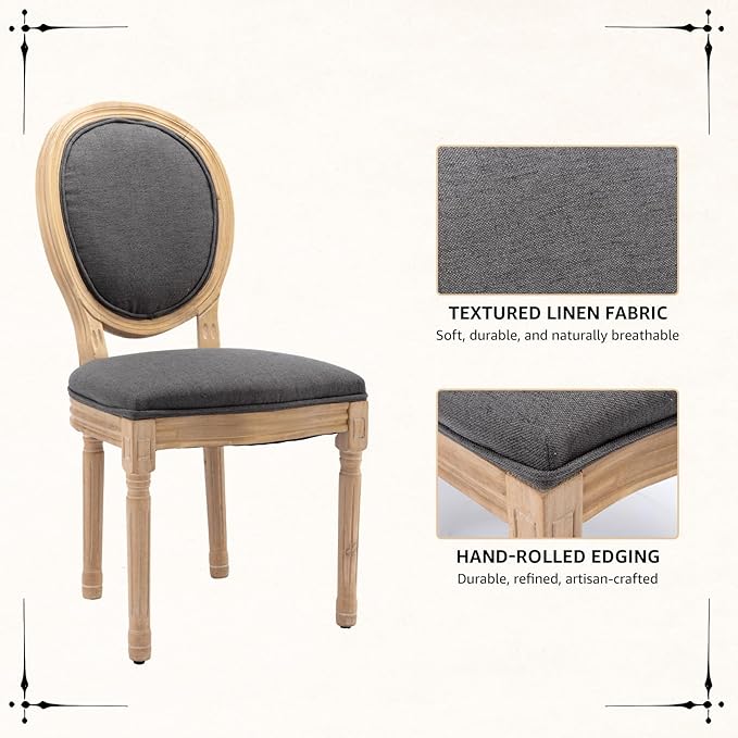 Vintage French Dining Chairs Set of 4, Round Back Accent Chairs with Linen Seat and Solid Wood Frame, Farmhouse Sillas de Comedor Upholstered for Dining Room & Kitchen, Gray