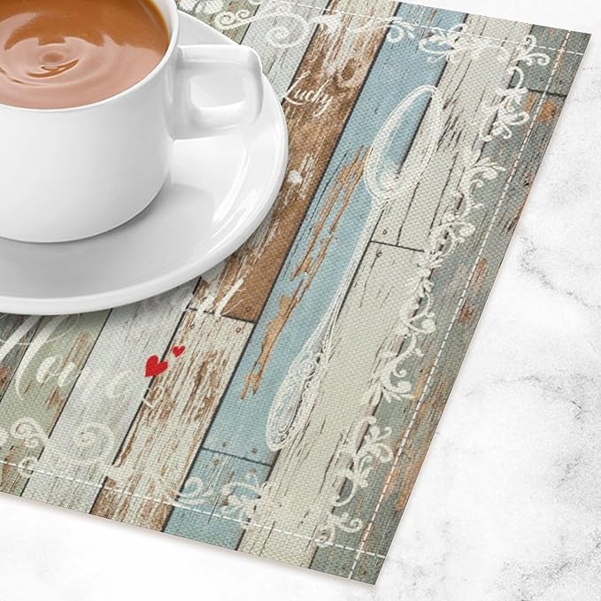Vintage Farmhouse Placemat Set, Green Blue Rustic Wooden Plank Art Sketch Cutlery Knife Fork Inspirational Quotes Pattern Home Decor Linen Table Mats for Dining Room Kitchen Party (17x12in) x2P