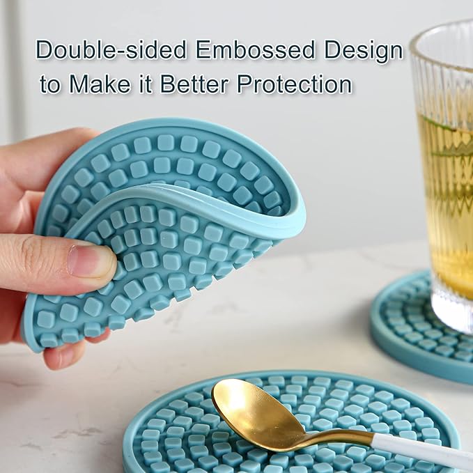 Colinda Silicone Drink Coasters with Holder, Set of 6, for Tabletop Protection and Office Desk, Cup Mat Set for Home Decor, Non-Slip and Non-Stick,Round,4 Inch,White
