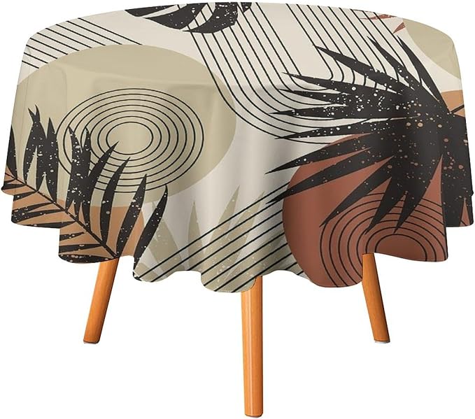 Boho Medieval Abstract Leaves Round Tablecloth, Mid Century Modern Bohemian Style Print Tablecloth for Home Party Dining Room Kitchen Decor 70Inch(178cm)