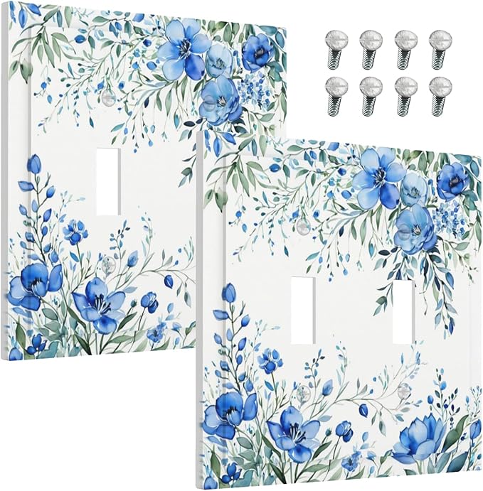 Decorative Light Switch Cover Blue Watercolor Flowers Retro Floral Leaves 2 Gang Wall Plate Double Toggle Switch Plate Receptacle Electrical Outlet Cover Switchplate for Bathroom Bedroom（2 Pack）
